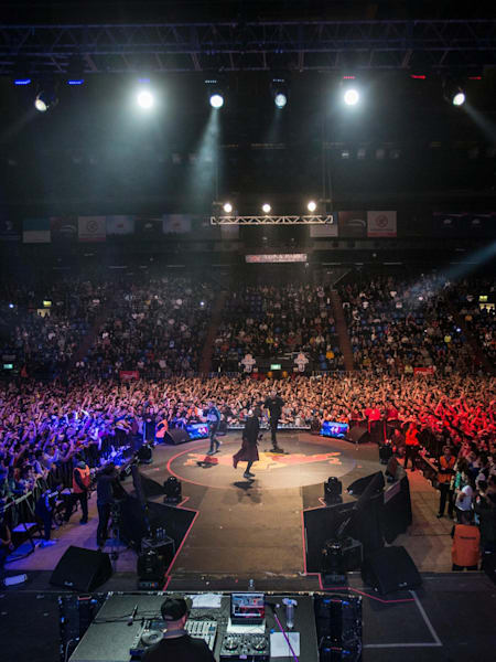Participants perform during the Red Bull Batalla de los Gallos National Final in Buenos Aires, Argentina on October 20, 2019.