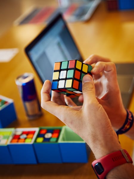 Detail of a cube being solved at the Red Bull Rubik's Cube World Championship Qualifier in Munich, Germany on April 14, 2018.