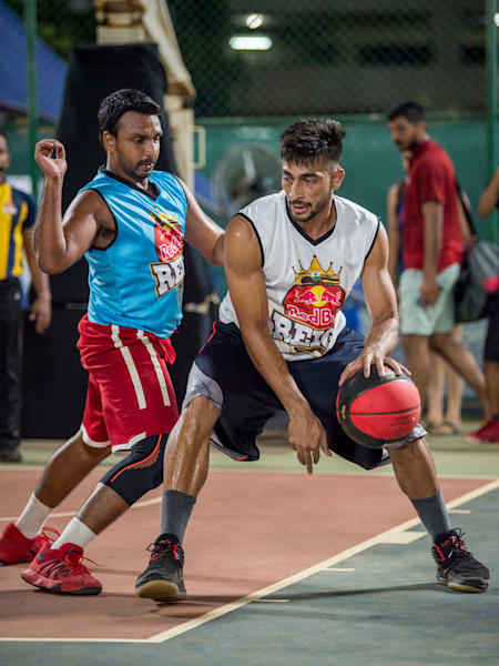 Players compete on a half court basketball game at the Red Bull Reign 2019 India Finals.