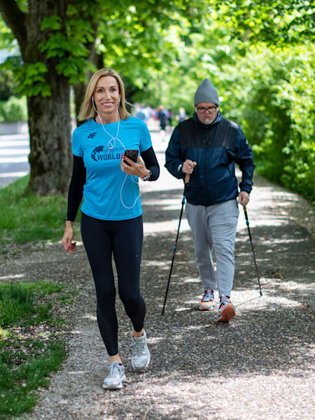 Anita Gerhardter and Gerry Friedle alias DJ Oetzi perform during the seventh edition of the Wings for Life World Run - App Run in Salzburg, Austria on May 3, 2020