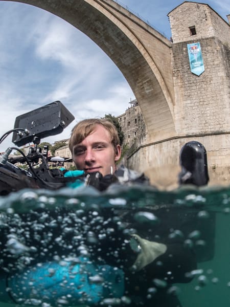 A picture of Max Struck, cliff diving's underwater cameraman, in the Neretva River in Mostar, Bosnia and Herzegovina.