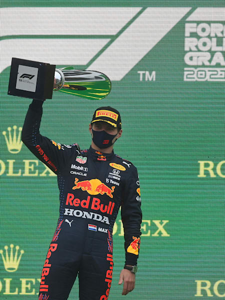 Race winner Max Verstappen of Netherlands and Red Bull Racing celebrates on the podium during the F1 Grand Prix of Belgium at Circuit de Spa-Francorchamps on August 29, 2021, in Spa, Belgium.