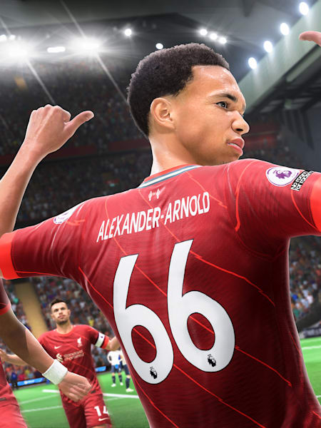 Red Bull-Athlet Trent Alexander-Arnold in FIFA 22 beim Torjubel im Trikot des FC Liverpool.