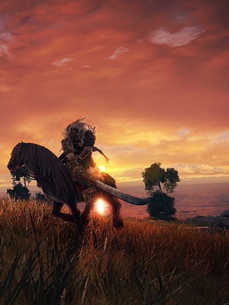 Two characters on horseback in Elden Ring face off against the backdrop of the setting sun over the ocean