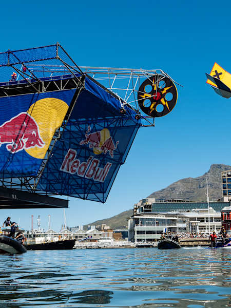 On November 2, 2025, Team Thunderstruck takes flight above the water at Red Bull Flugtag in Cape Town, South Africa, thrilling crowds with daring homemade aviation and energetic Red Bull spirit
