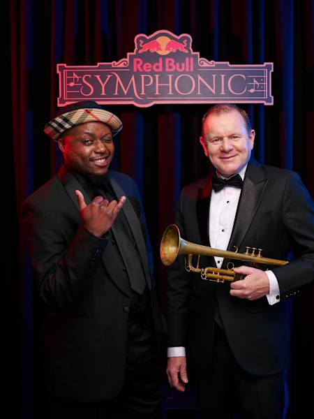 Kelvin Momo and Adam Howard, captured during the Red Bull Symphonic shoot on March 26, 2025, in Johannesburg, showcase the synergy of musical genres in this striking performance event