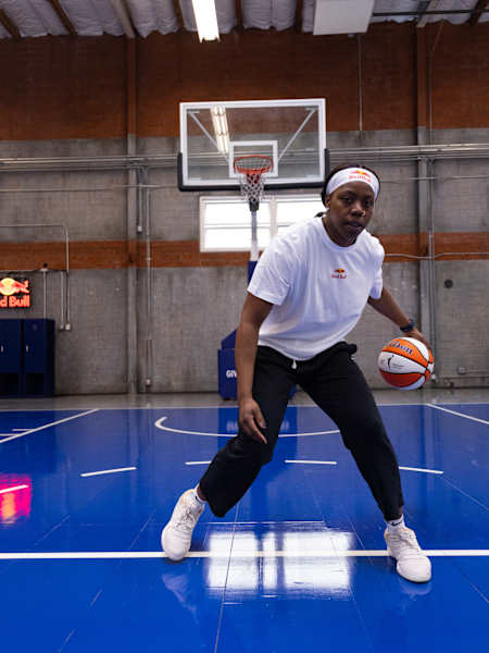 Arike Ogunbowale practicing basketball in Santa Monica, California.