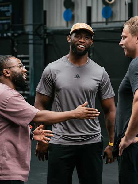 Siya Kolisi, Eugene Khoza and Rayno Nel share a moment during filming of Red Bull’s What We Know Episode 4 in Zwide, Gqeberha, South Africa, on 4 February 2026
