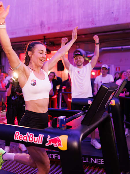 Winner Fanny Ahlfors celebrates victory on the treadmill at Red Bull 24 Hours in Stockholm, Sweden, 2026 as energetic crowds cheer on this endurance challenge