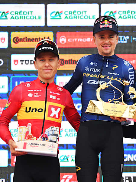 Primož Roglič on the podium at Milano-Torino 2026