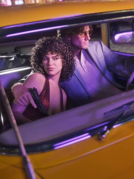 Lucia et Jason au volant de la Vapid Stanier de 1955 dans le jeu GTA VI.
