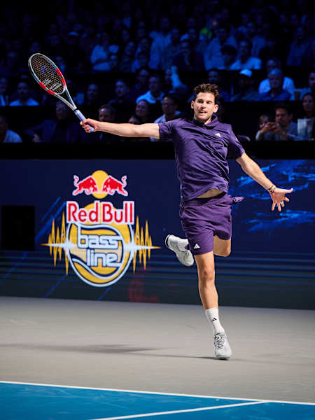 Dominic Thiem returns the ball during Red Bull Bassline 2025 in Vienna, Austria.