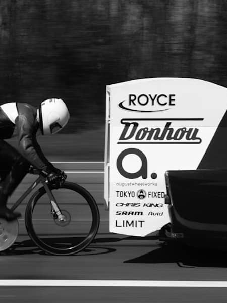 Donhou Bicycles bespoke 100mph land speed bike being riddenin Norwich