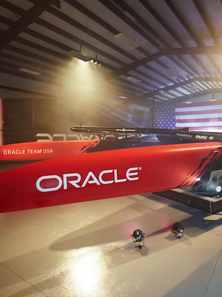 Oracle Team USA's sailboat in the garage before the revealing.