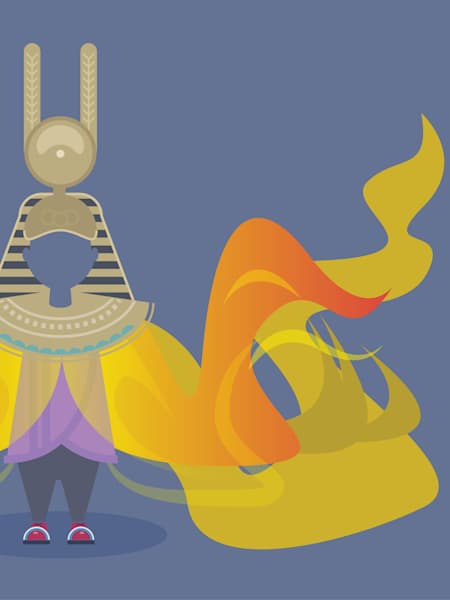 An illustration of renowned jazz musician Sun Ra's full outer-space pharaoh costume.