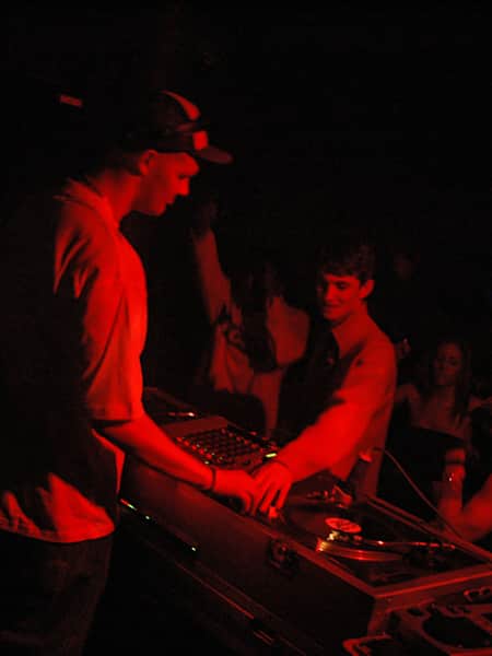 Skream pulls up a tune during a Loefah set at DMZ in London, May 2005