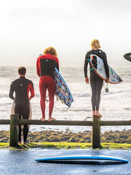 Jamie O’Brien, Zen, Choco, Max Bourne, Alex Hayes check the surf in New Zealand on May 30, 2019.