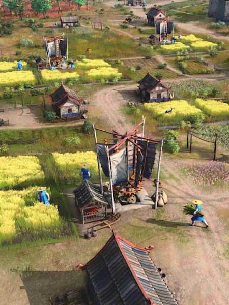 Screenshot aus Age of Empires 4 zeigt die Fraktion China beim Anbau von Feldern. Unser Guide zum Strategiespiel liefert nützliche Tipps und Tricks