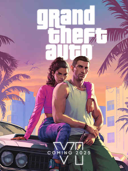 Das offizielle Artwork zu GTA 6 zeigt Lucia und Jason auf der Motorhaube eines Autos und den Release im Jahr 2025.