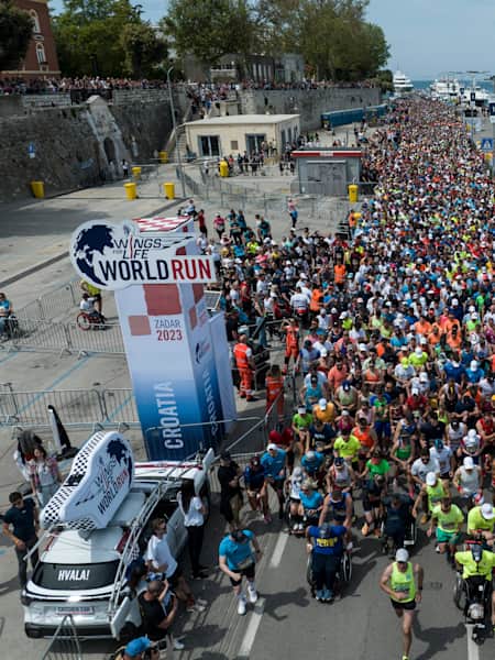Participants perform during the Wings for Life World Run Flagship Run in Zadar, Croatia on May 07, 2023.
