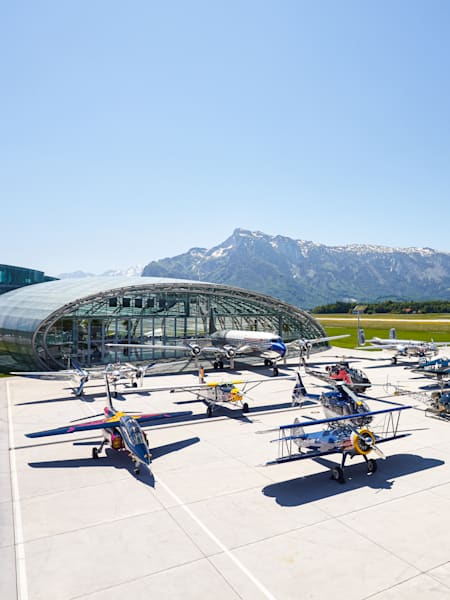 The Fleet of the Flying Bulls is presented between Hangar-7 and Hangar-8 in Salzburg, Austria on August 6, 2020