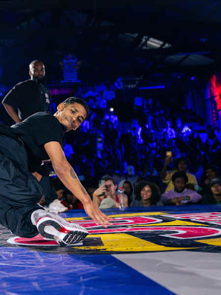 B-Boy Toufeeq showcases dynamic moves during the Red Bull BC One South African Cypher at 1 Fox Street, Johannesburg, South Africa, on March 29, 2025