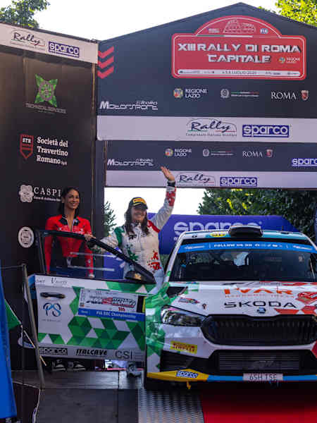 Co-driver Lenzi and Mabellini celebrate their first ERC podium of 2025