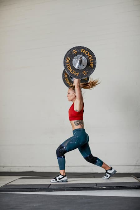 King demonstrates her form for the clean and jerk, one of two lifts (the other is the snatch) used in competition.