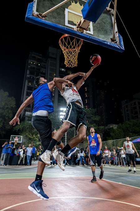 Players compete on a half court basketball game at the Red Bull Reign 2019 India Finals.