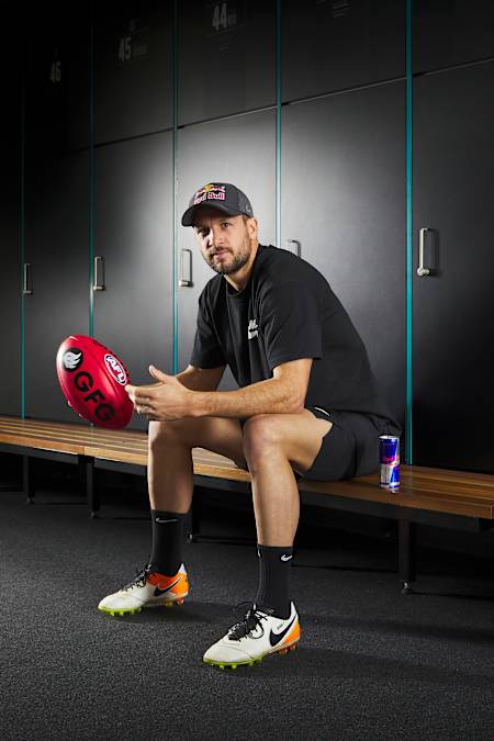 Travis Boak poses for portrait in the Adelaide Oval change rooms