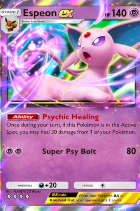 La carte Pokémon Espeon EX brille de mille feux avec ses attaques psychiques. Une carte puissante et élégante, incontournable pour les joueurs du Pokémon TCG.