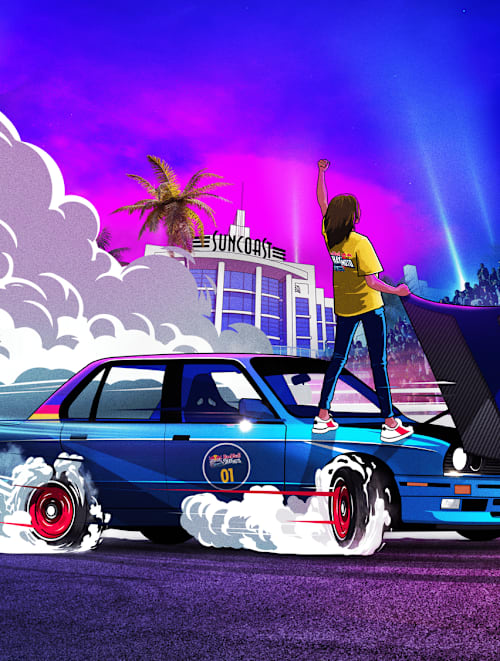 An artistic depiction of a spinner standing on their car and opening their hood in celebration, while smoke billows from the screeching tires at Red Bull Shay' iMoto