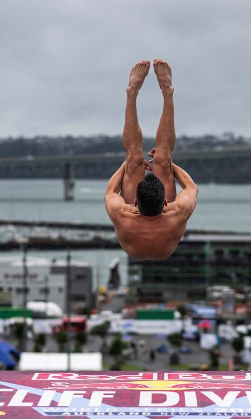 Jonathan Paredes of Mexico dives from the 27 metre platform during the 2023 Red Bull Cliff Diving World Series in Auckland, New Zealand on January 28, 2024.