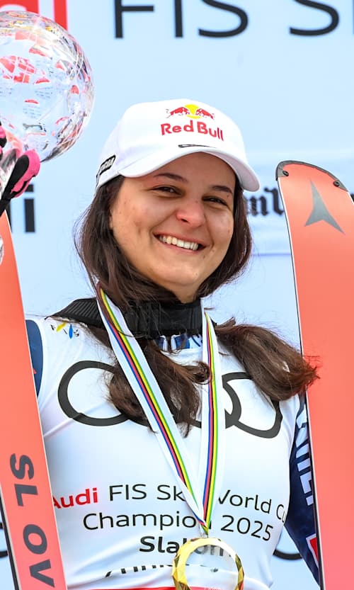 Zrinka Ljutic celebrates winning the FIS Alpine Ski World Cup Slalom title in Sun Valley, USA.