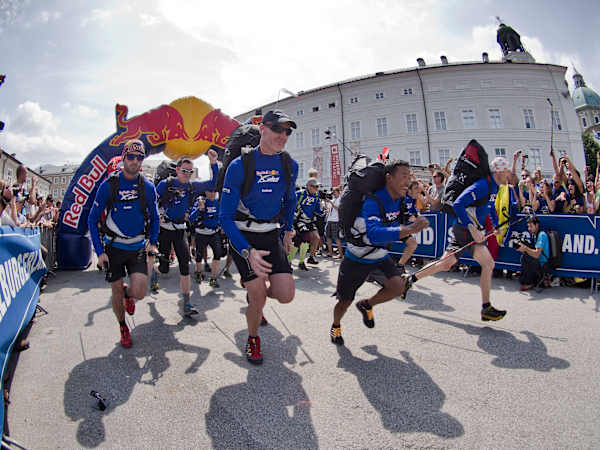 Athletes at the start of Red Bull X-Alps 2013 at the Mozartplatz, Salzburg
