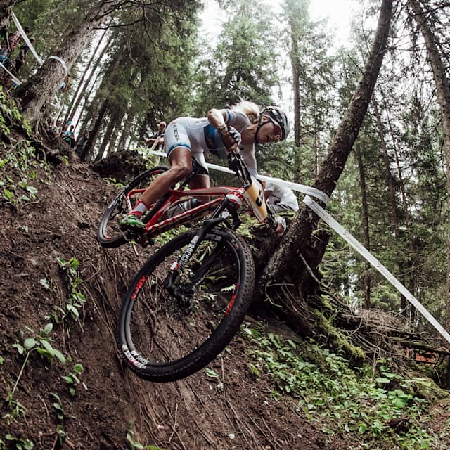 XCO riders compete during the UCI Mountain Bike World Championships.