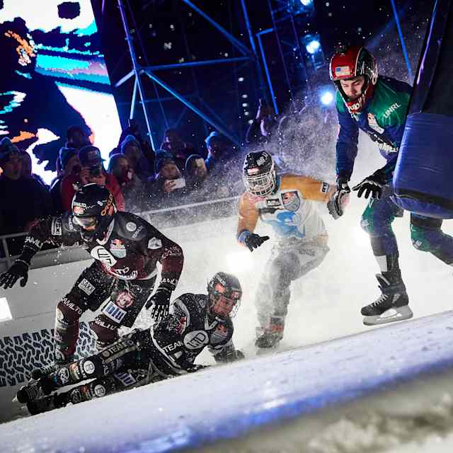 Ice Cross Downhill action from Red Bull Crashed Ice.