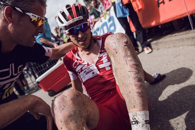 Nino Schurter at the finish line at the Albstadt XCO men's race in Germany on May 31, 2015.