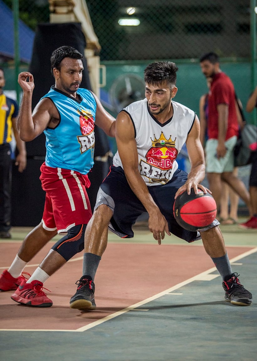 Players compete on a half court basketball game at the Red Bull Reign 2019 India Finals.