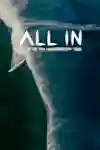 An image of a surfer behind the backdrop of the logo for All In – Life on the WSL Championship Tour.