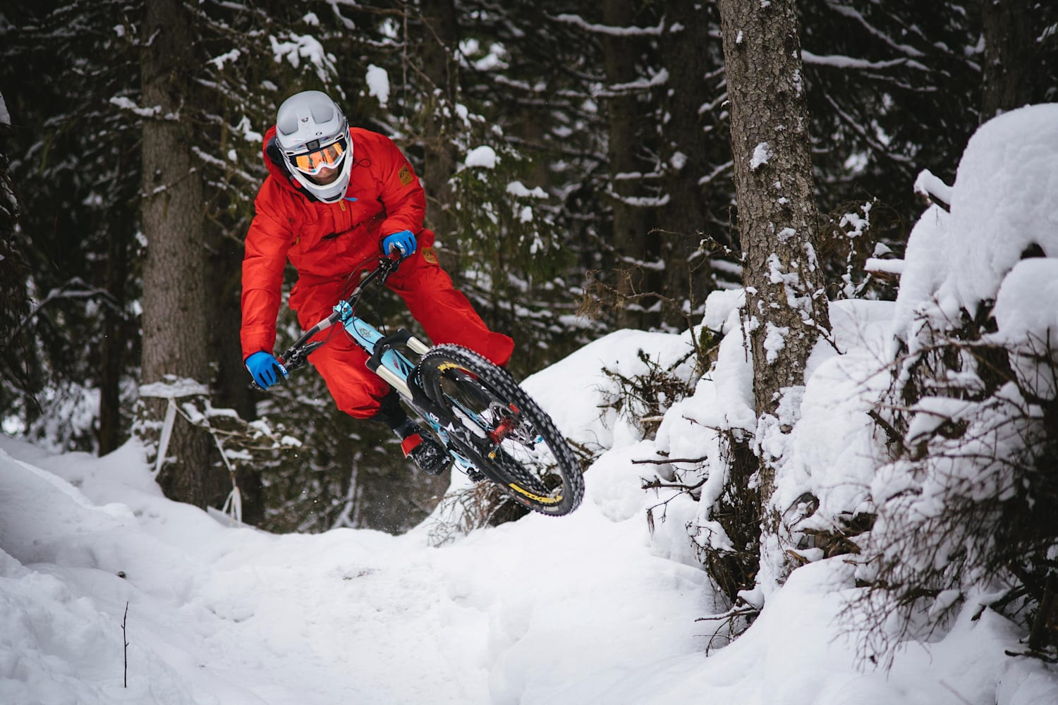 riding mountain bike in snow