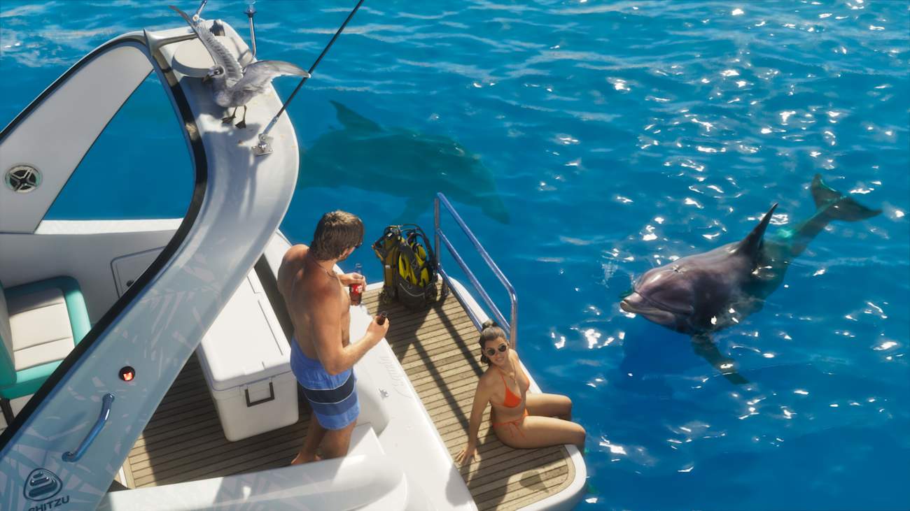 Screenshot aus GTA 6 zeigt Lucia und Jason auf einem Boot mit Delfinen im Wasser.