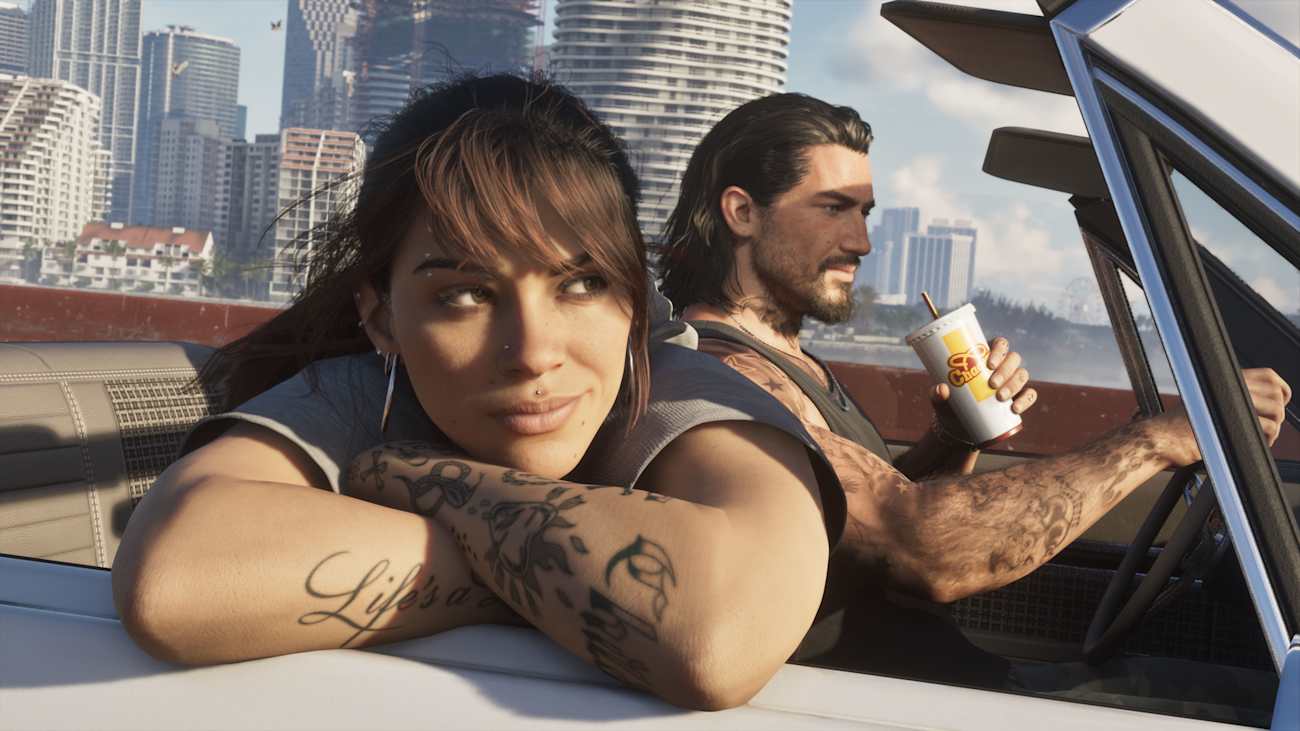 A screenshot from GTA 6 shows Lucia and Jason driving in a convertible.