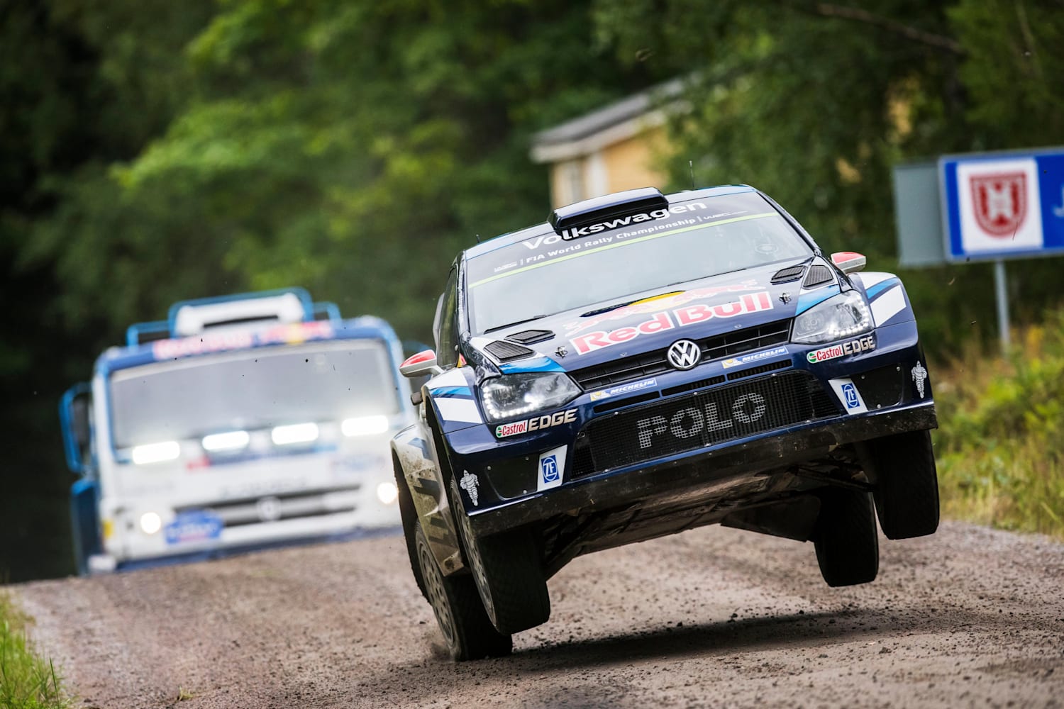 Rally Finland VW race Kamaz over Ouninpohja stage jump