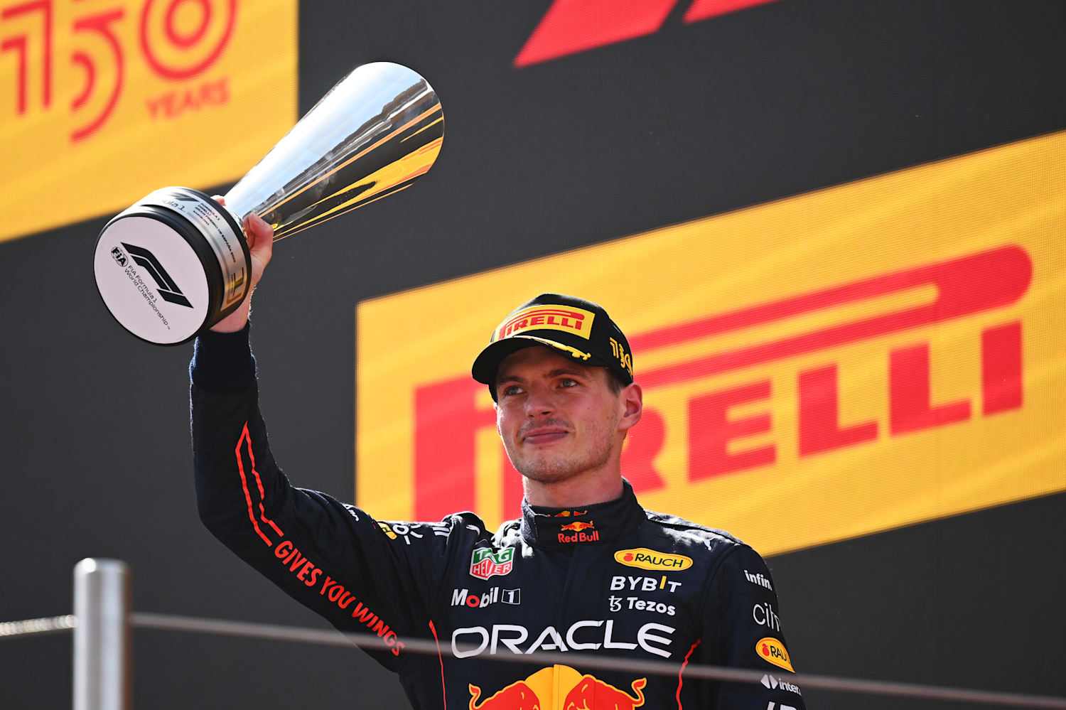 Dutch Formula One driver Max Verstappen of Red Bull Racing holds the trophy  after placing first at the Formula One Miami Grand Prix at the Miami  International Autodrome on Sunday, May 7