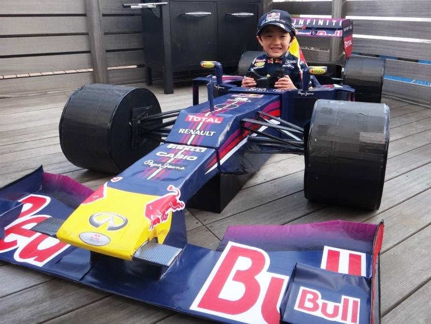 Kid builds his own cardboard Red Bull RB9