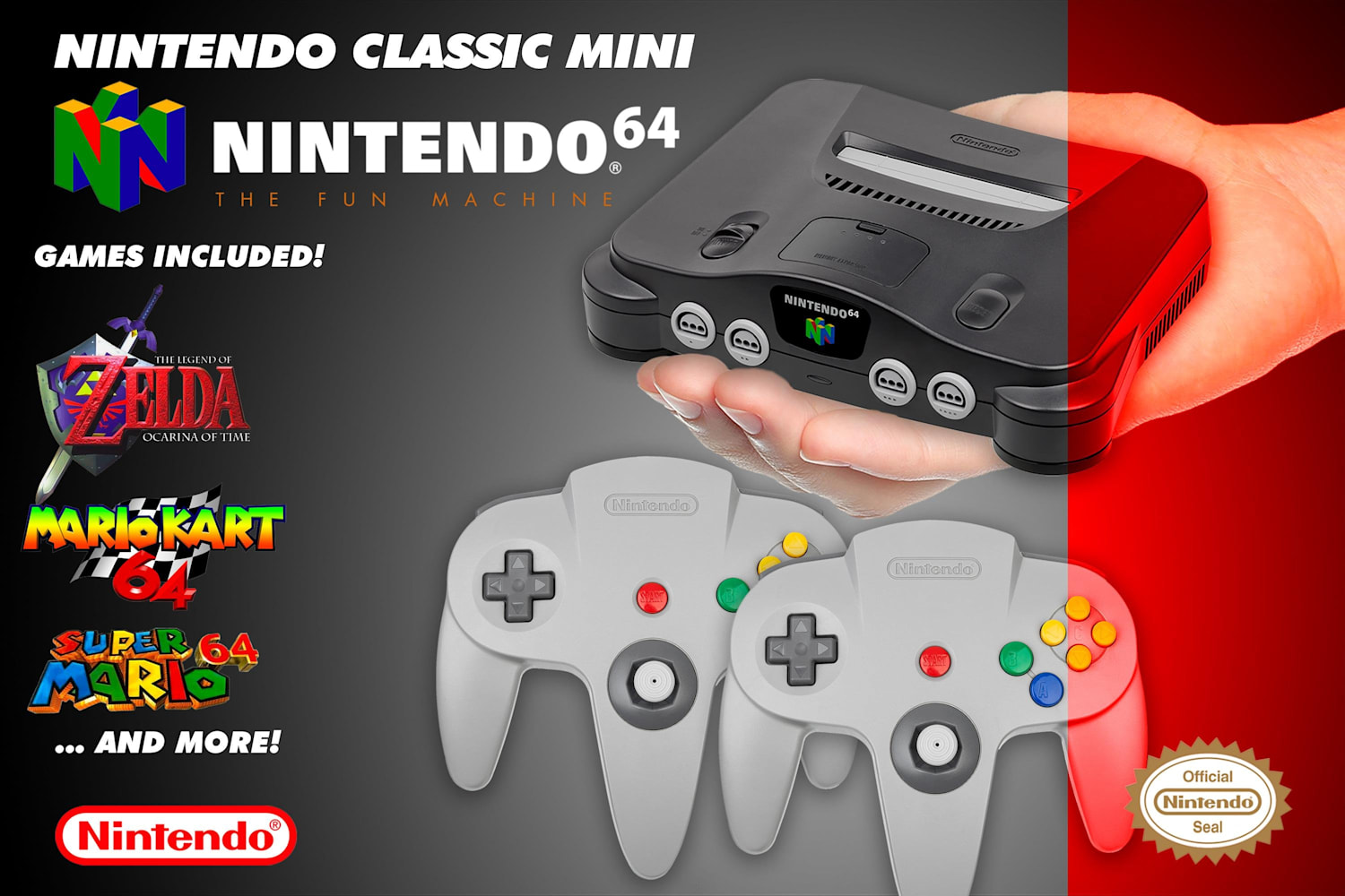 Nintendo 64 Classic Mini MockUp von RedBull. Mit 2 Controllern, Zelada, Mario Kart und Super Mario 64