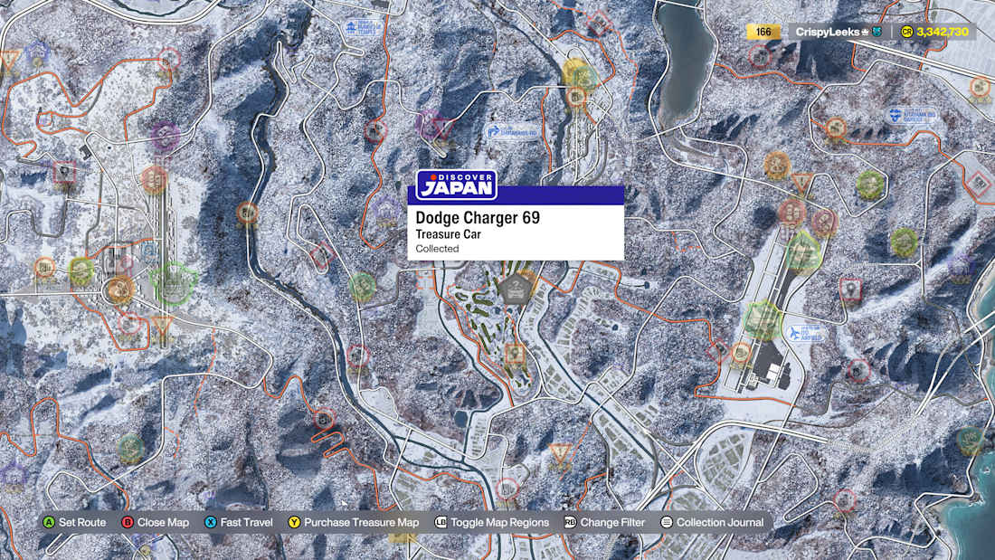 Forza Horizon 6 map highlighting the location of one of the game's hidden Treasure Cars.