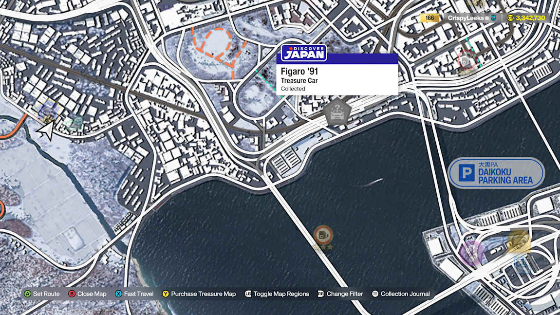 A map showing the location of one of the nine Treasure Cars to be found in Forza Horison 6.