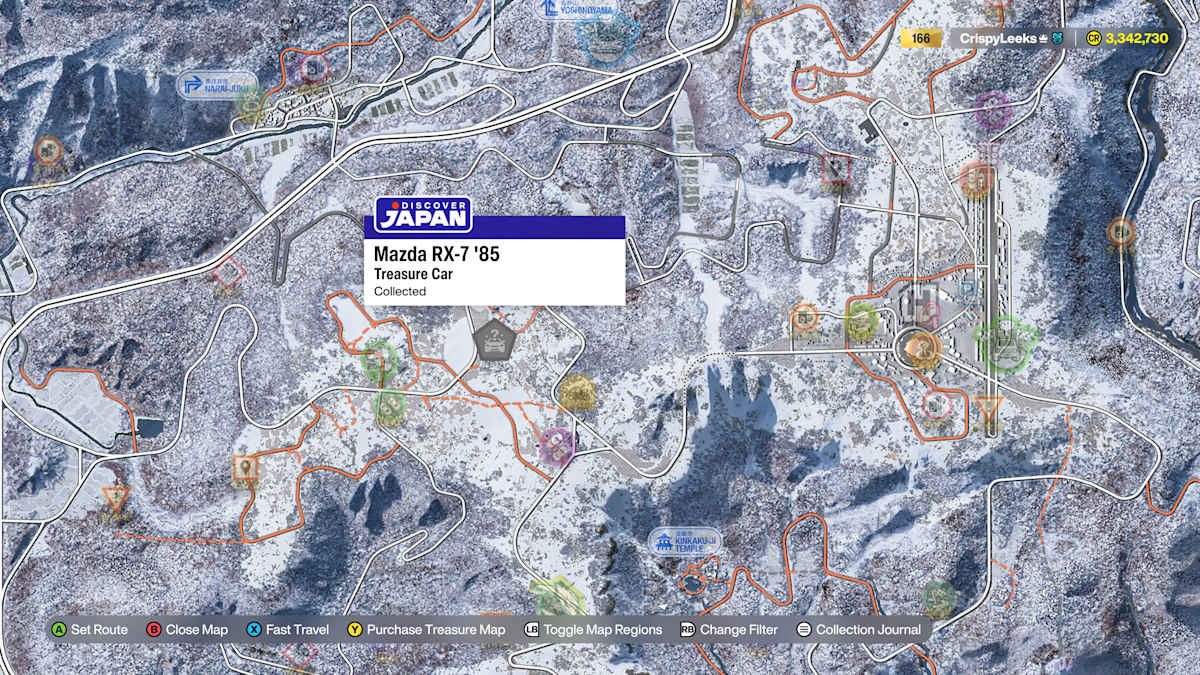 Map screenshot showing where to find a Treasure Car in Forza Horizon 6.